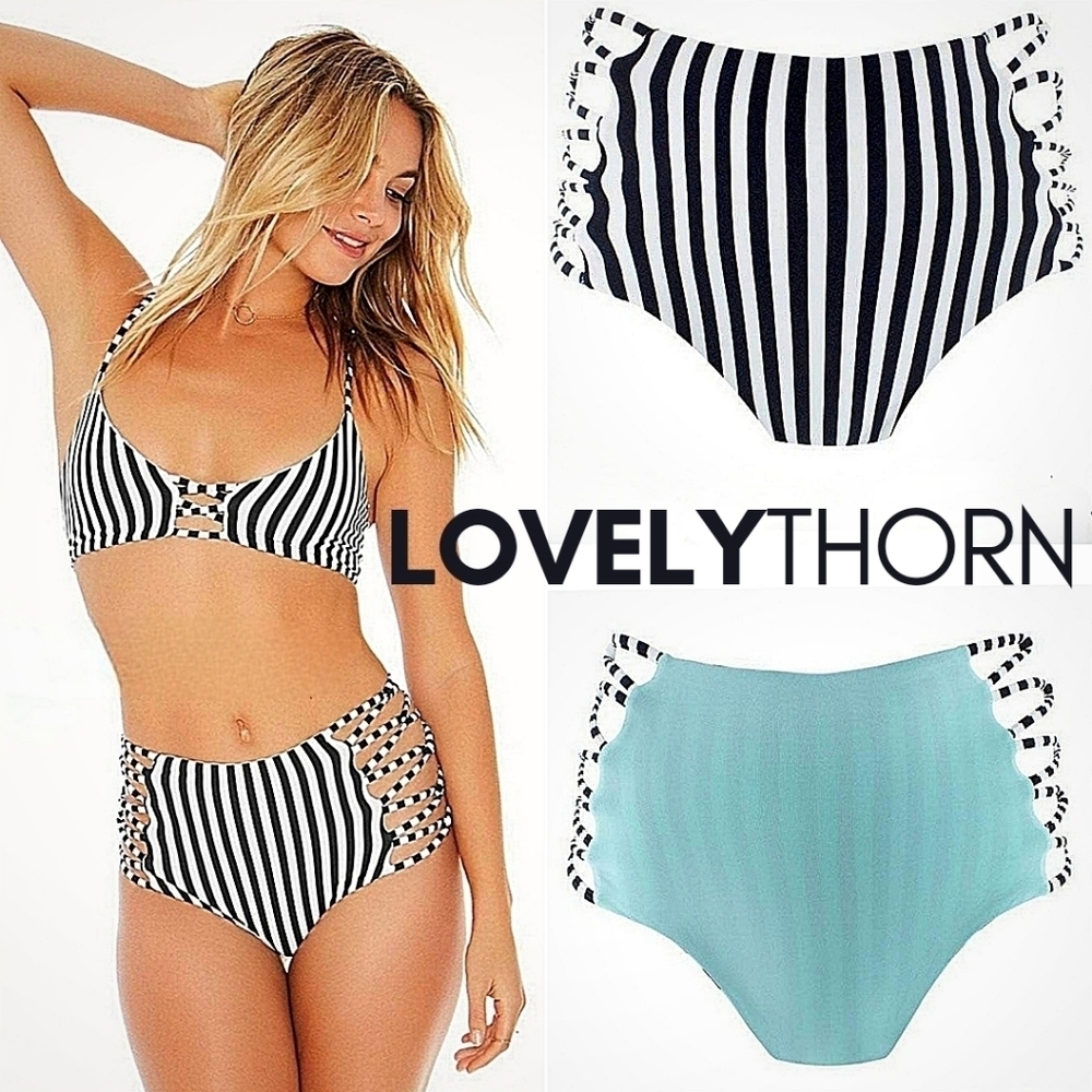 L*SPACE // tripp b&w striped high waist strappy side reversible cheeky bottoms